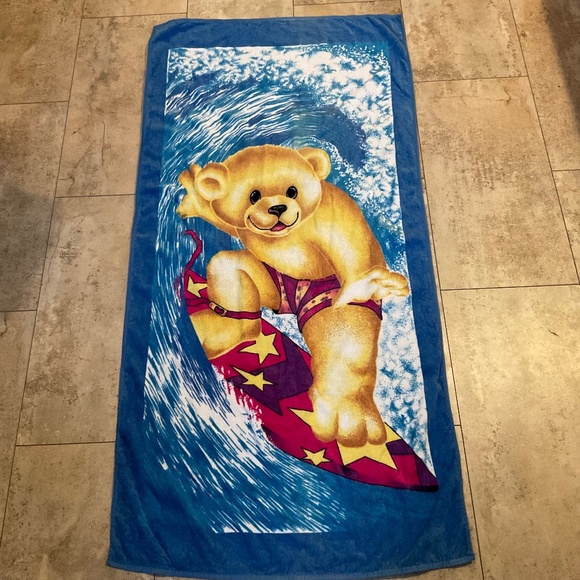 Vintage Beach Towel Surfing Teddy Bear Hiltex 27x55 100% Cotton - Picture 1 of 7